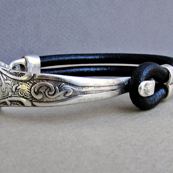 Bracelet de fourchette en argent, bracelet de cuillère, bracelet en cuir, écologique, personnalisé à votre poignet
