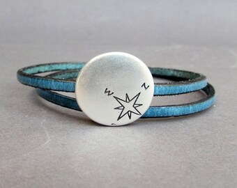 Pulsera de cuero con brújula: unisex, doble vuelta, personalizable.