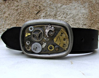 Steampunk Belt Buckle: Old Watch Parts, Gray Patina