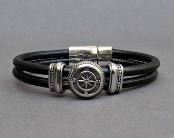 Pulsera de cuero con brújula para hombre, cierre de acero inoxidable