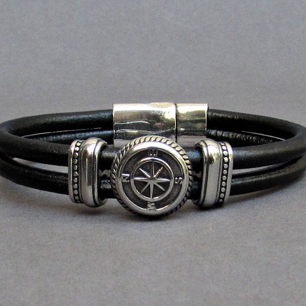Pulseira de couro masculina Compass, fecho de aço inoxidável