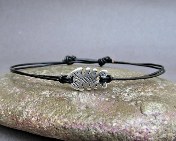 Tiny Fish Men's Bracelet, Silver Fish Charm, Leather Bracelet for