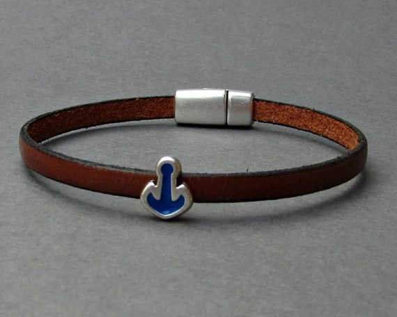 Blue Anchor Mens Leather Bracelet Leather Mens Bracelet Cuff
