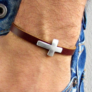 Cross  Mens Leather Bracelet Cuff Dainty Silver Unisex Bracelet Customized On Your WristFathers day gift