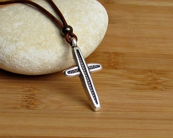Men's Cross Pendant Necklace: Adjustable Leather Cord