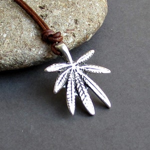 Silver Marijuana Leaf Necklace - Hemp Leaf Pendant on Leather Cord