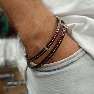 Unisex Boho Leather Bracelet: Stitched Wrap, Adjustable Mens Jewelry