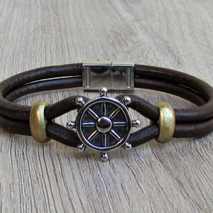 Nautical Wheel Mens Bracelet: Brown Leather & Stainless Steel