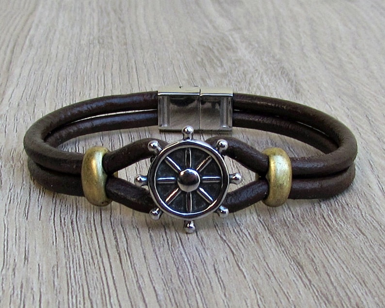 Nautical Wheel Bracelet Mens Leather Bracelet Leather Etsy