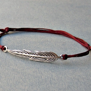 Lange veer, unisex armband, zilveren veerbedel, koordarmband voor mannen, cadeau voor hem, haar, unisex sieraden, verstelbaar
