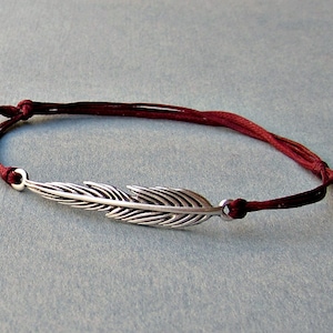 Long Feather, Unisex Bracelet, Silver Feather Charm, Cord Bracelet For Men, Gift for him, her, Unisex Jewelry, Adjustable