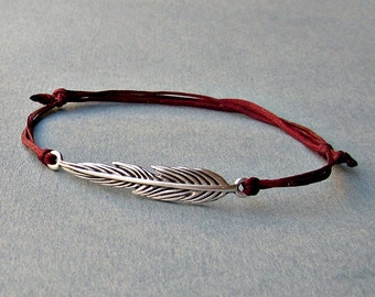 Long Feather, Unisex Bracelet, Silver Feather Charm, Cord Bracelet For Men, Gift for him, her, Unisex Jewelry, Adjustable