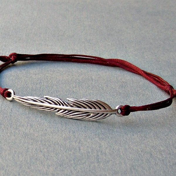 Long Feather, Unisex Bracelet, Silver Feather Charm, Cord Bracelet For Men, Gift for him, her, Unisex Jewelry, Adjustable