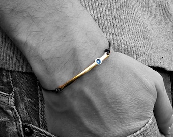 Pulsera de barra de mal de ojo: cordón de cuero chapado en oro, ajustable