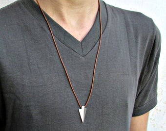 Mens Arrowhead Necklace: Silver Pendant, Rustic Leather Cord