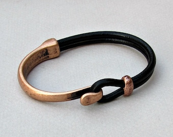 Mens Bracelet Leather, Leather Bracelet, Black Brown Leather Mens Bracelet, Antique Copper Oxidation Customized On Your Wrist