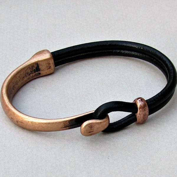 Mens Bracelet Leather, Leather Bracelet, Black Brown Leather Mens Bracelet, Antique Copper Oxidation Customized On Your Wrist