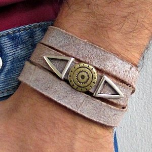 Silver Mens Leather Wrap Bracelet Cuff, Geometric Unisex Bracelet, Adjustable to your wrist