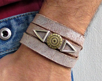 Silver Mens Leather Wrap Bracelet Cuff, Geometric Unisex Bracelet, Adjustable to your wrist