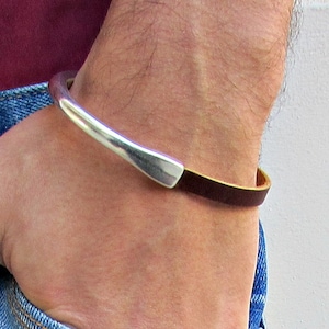 Dainty Silver Mens Leather Bracelet Cuff Silver Plating Magnetic Clasp Customized On Your Wrist Fathers day gift