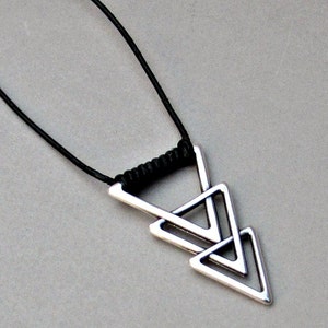Mens Triangle Necklace Geometric Silver Long Leather Necklace Pendant Adjustable