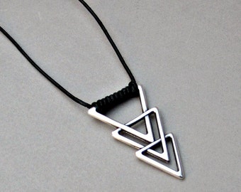 Mens Triangle Necklace Geometric Silver Long Leather Necklace Pendant Adjustable