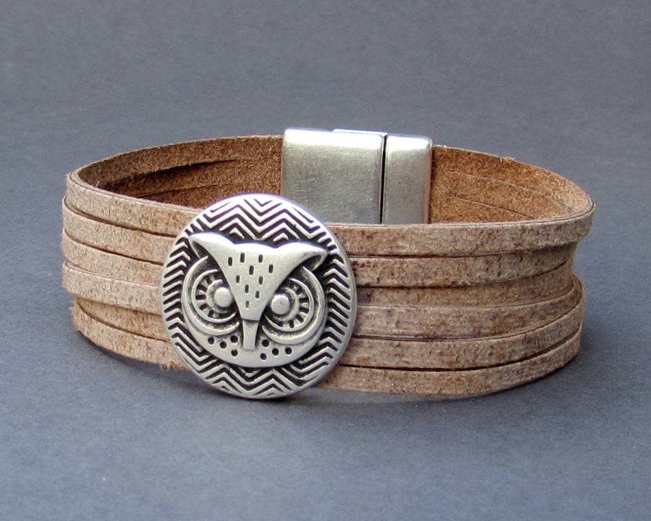Multistrand Owl Leather Bracelet Genuine Leather Cuff Sliced Bracelet  Real Leather Cuff Unisex Brac