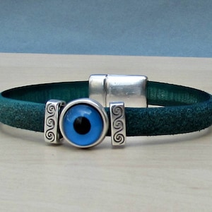Turquoise Evil Eye Leather Mens Bracelet: Silver Plated Magnetic Cuff