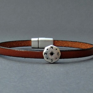 Silver Compass Mens Leather Bracelet Cuff Boyfriend Gift Customized On Your Wrist