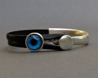 Mens Evil Eye Leather Bracelet: Silver Plated Cuff, Magnetic Clasp
