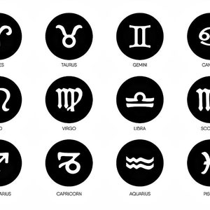 May include: Black and white illustration of the 12 zodiac signs. Each sign is depicted in a circle with a white background and a black outline. The signs are arranged in a grid of four rows and three columns.