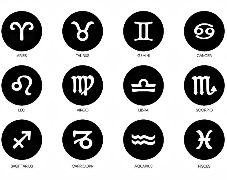 May include: Black and white illustration of the 12 zodiac signs. Each sign is depicted in a circle with a white background and a black outline. The signs are arranged in a grid of four rows and three columns.
