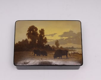 Vintage Fedoskino Russian Lacquer Box Hand Painted Landscape Cattle USSR 60-70s European Bison oil