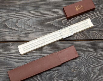 Vintage 1976 Soviet Slide Rule KLPZ in Original Brown Case - Wooden Body USSR Logarithmic Ruler with Reference Tables - Engineer Gift