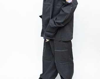 Vintage USSR Industrial Workwear Suit: Gray Denim, White Stitching, 1990s MI Emblem