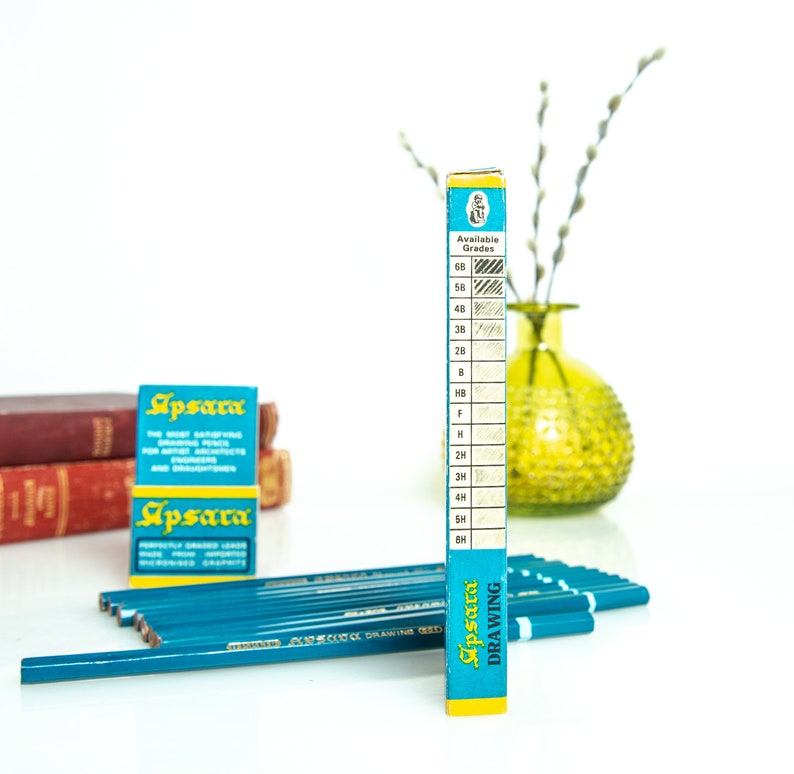 May include: A collection of Apsara drawing pencils and packaging. The pencils are teal with silver text, and the packaging is blue and yellow. The image includes a box displaying available grades, ranging from 6B to 8H.