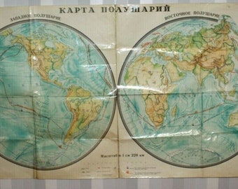Retro Classroom Decor - Vintage USSR Hemispheres Map from 1989 ussr soviet big vintage school