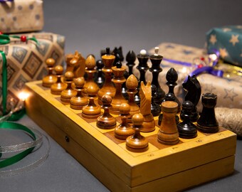 Soviet chess set 1960s 30 cm Vintage USSR Wooden Soviet CHESS SET Board Nice elegant pieces gift for him home gifts