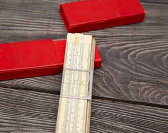 Vintage Slide Rule 1960 Soviet USSR with Red Case - Scientific Calculation Tool - Engineer Math Gift