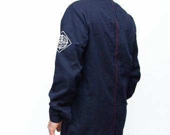 Vintage USSR Navy Denim Work Jacket Red Stitching 1980s Industrial XL