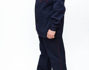 Vintage USSR Navy Denim Work Suit, Red Stitching, Size L (1984) French style workwear Bleu de travail