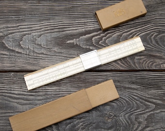 Vintage 1964 Soviet Slide Rule with Metal Frame Cursor, KLPZ USSR Math Tool Beige Case Logarithmic Ruler with Reference Tables Engineer Gift