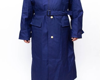 New Vintage Soviet Raincoat Waterproof 1980s Navy Blue Workwear for Signal corps - Hooded Rubberized Long trench coat size L 50-5