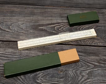 Vintage 1964 Soviet Slide Rule with Metal Frame Cursor Green Case KLPZ USSR Math Engineering Tool with Reference Tables Retro Office Decor