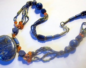 Vintage Lapis Lazuli Beaded  necklace. 2 sided lapis large stone with multi- fine beaded chain.