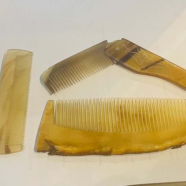 3 Buffalo Horn combs. New, Unisex natural horn hair comb and a simple horn pocket comb, and finally a folding comb. Unisex. Great for beards