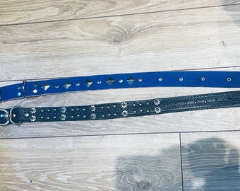 Free collar, two, 28-inch dog collars (1) spiked wolf protection, leather(2) decorative metal diamond design. artisan made