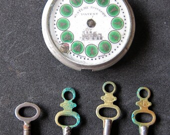 Antique, railroad porcelain watch face, works, glass, 4 keys