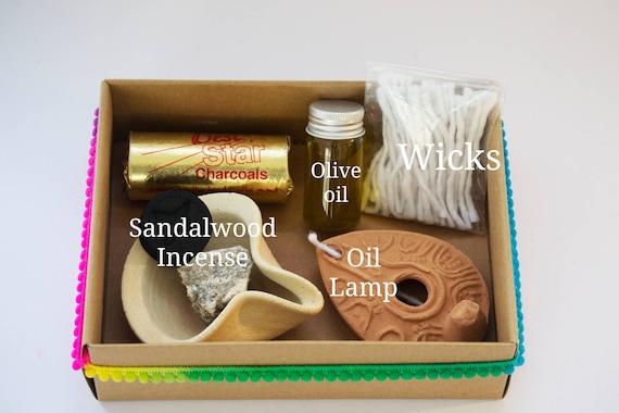 Earth friendly gift box, Eco gifts, Anti epidemic oil lamps gift box set, Sandalwood Incense, Cleansing kit & Protection, Oil lamps pottery