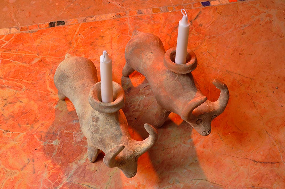 Pillar Candles Earth friendly Jerusalem, Ancient candles for Shabbat, Vintage Pottery Candles, Clay animal Figure, Calf Home Decor candle